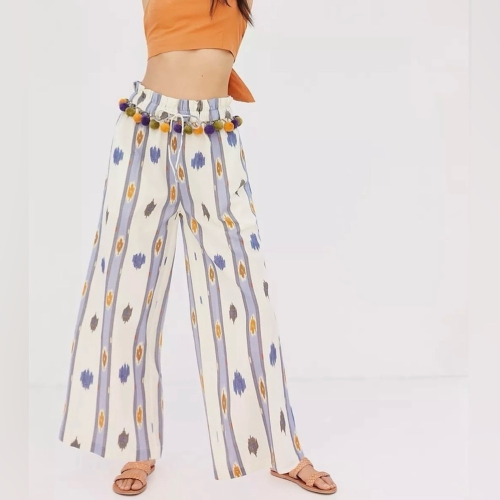 Anthropologie White Wide-Leg Ikat Stripe Pants with Pom Belt